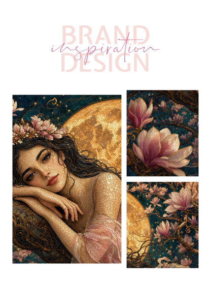 Framed Canvas- Vibrant Magnolia Flowers Beautiful Tinkerbell Woman’s Abstract Portrait Mosaic Original Artwork Fantasy Wall Art Print