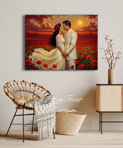 Framed canvas- whimsical full moon sunset bride and groom, wedding, poppy field, vibrant colours living room original artwork, fantasy oil painting wall art print