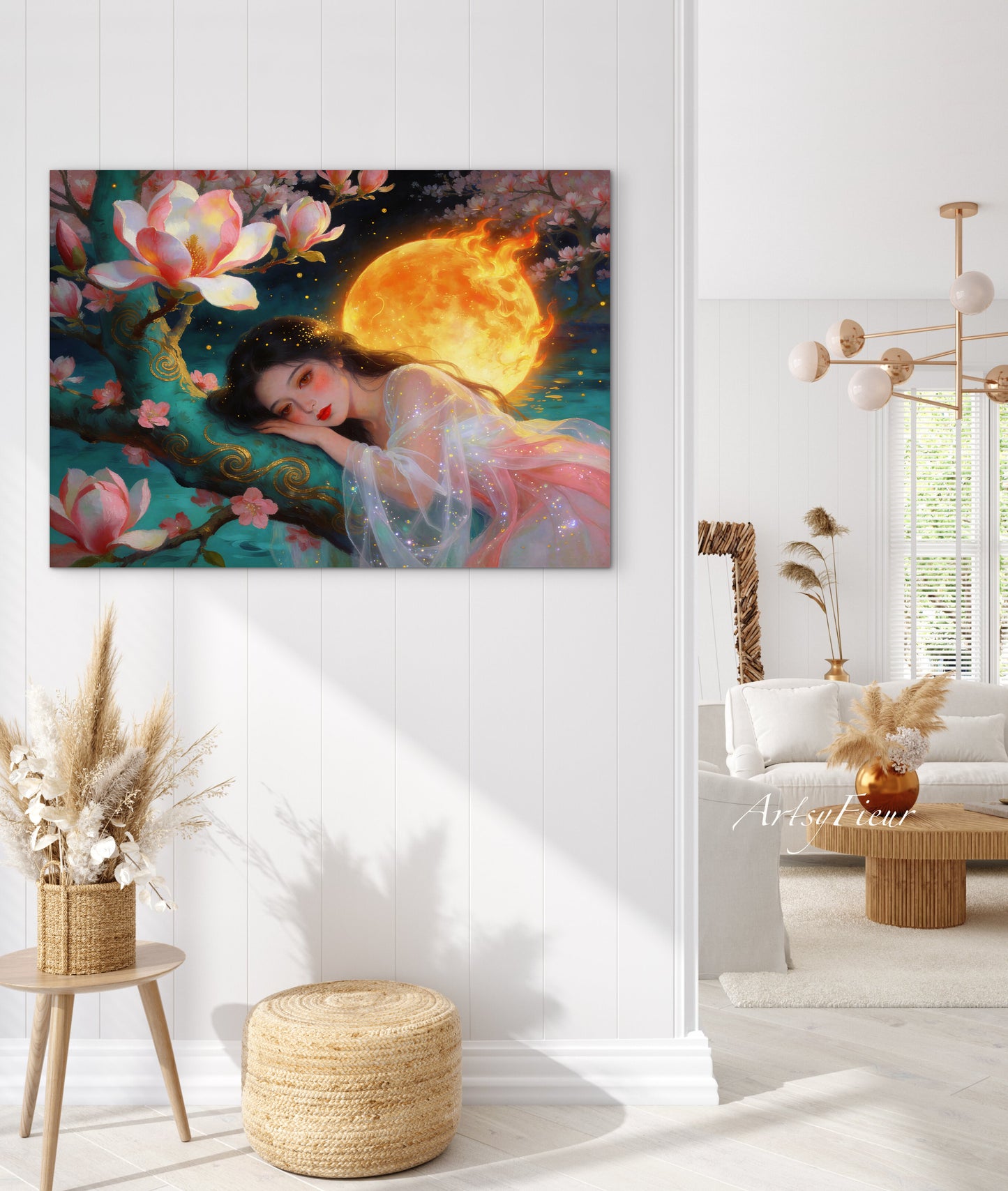 Framed Canvas- Vibrant Magnolia Flowers Beautiful Brunette Asian Woman’s Abstract Portrait Original Artwork Fantasy Wall Art Print