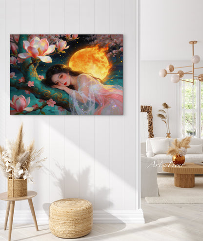 Framed Canvas- Vibrant Magnolia Flowers Beautiful Brunette Asian Woman’s Abstract Portrait Original Artwork Fantasy Wall Art Print