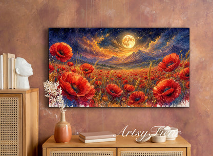 ArtsyFieur Framed Canvas - vibrant poppies whimsical lights full moon living room colourful wall art