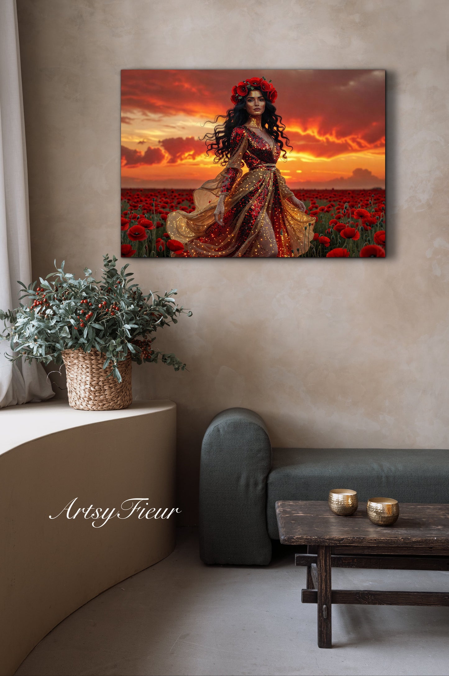 Framed Canvas - Vibrant Poppies Whimsical Sunset Beautiful Brunette in Poppy Field, Wall Art Ready to hang Oil Painting Original Artwork Print