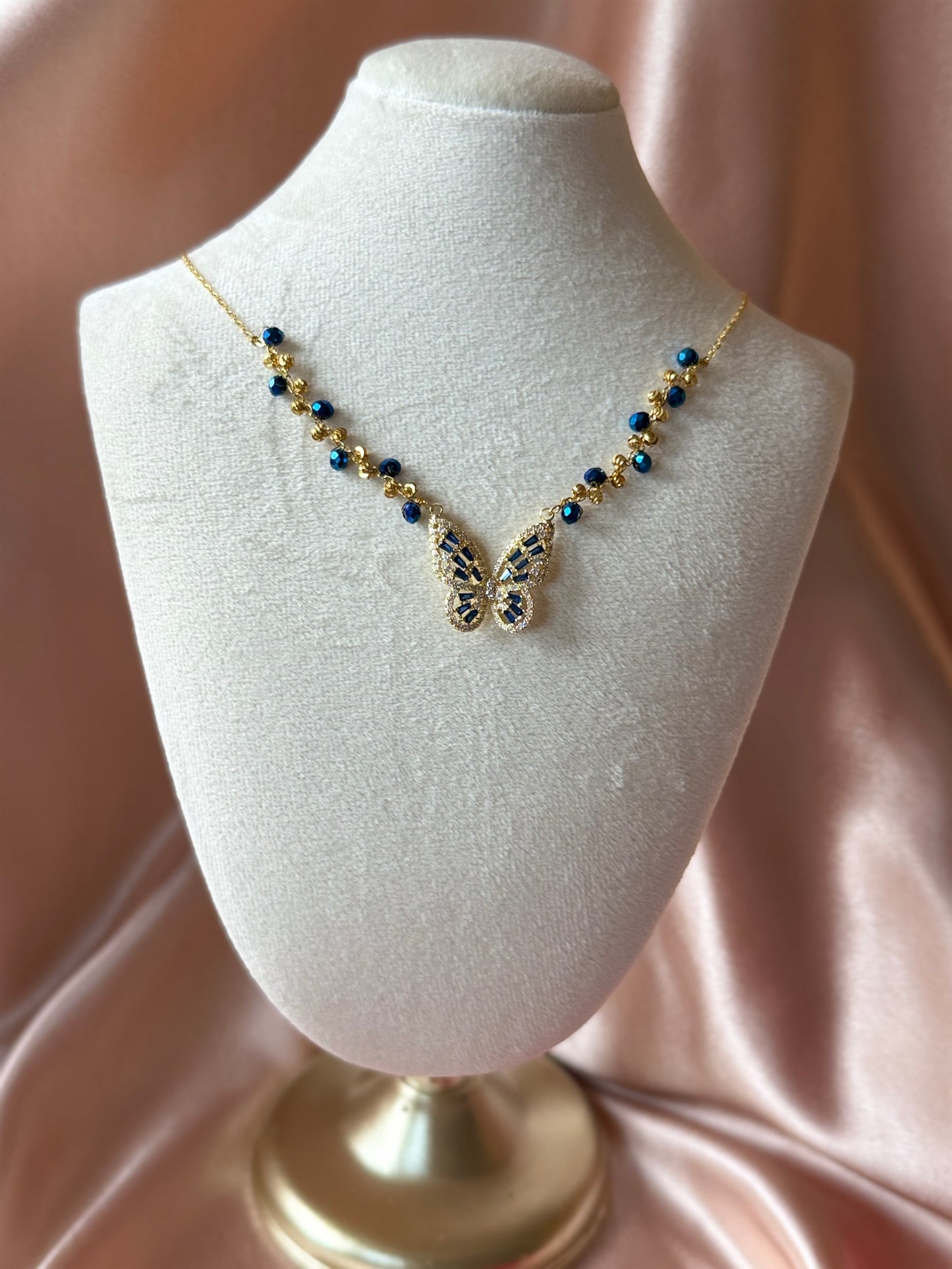 Blue Butterfly Necklace Handmade Braided Beaded Necklace | Deep Blue Crystal |18k Gold Plated | Hypoallergenic