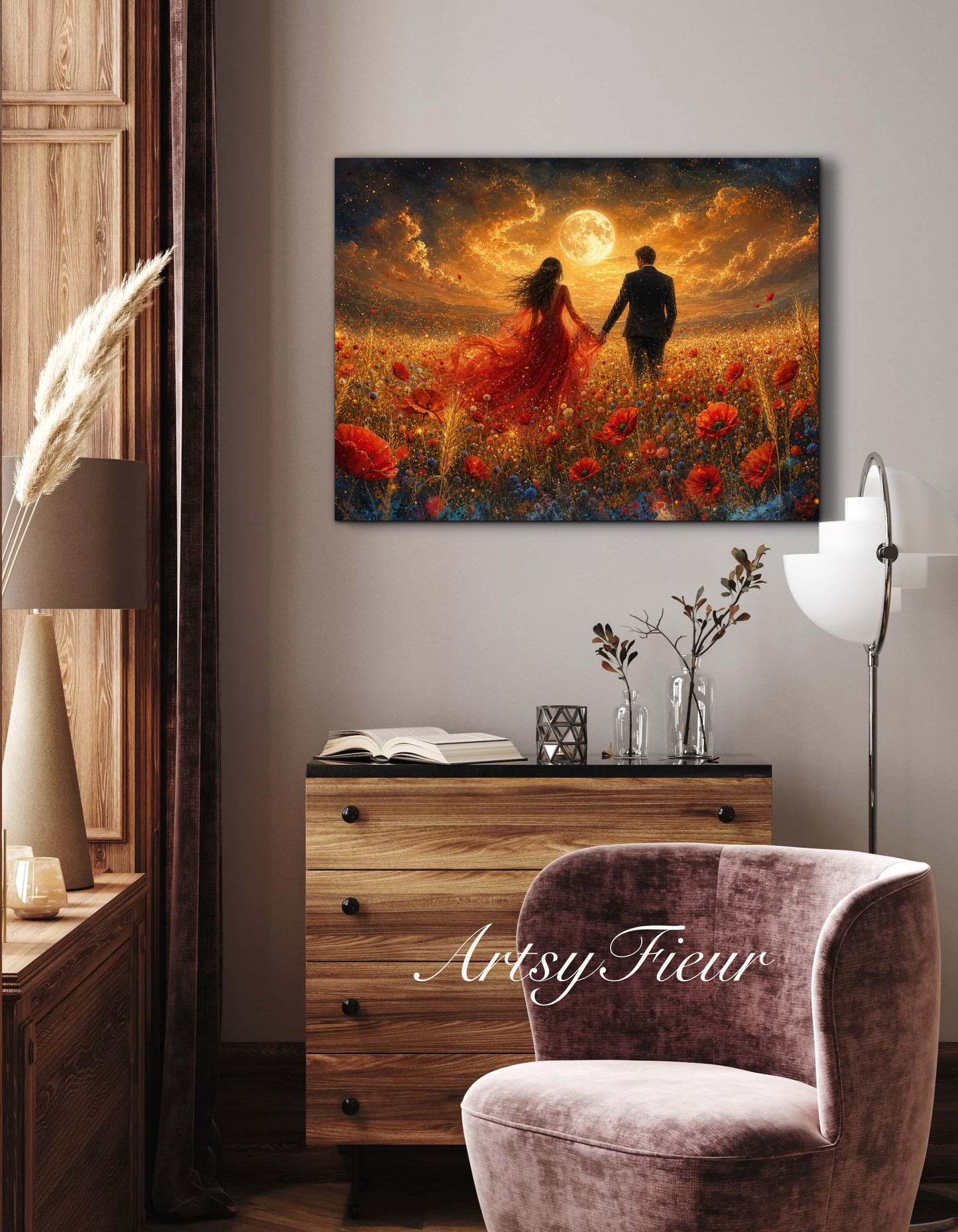 Framed canvas- whimsical full moon sunset -bride and groom, wedding gift, fantasy oil painting bedroom wall art print floral poppies field colourful vibrant colours