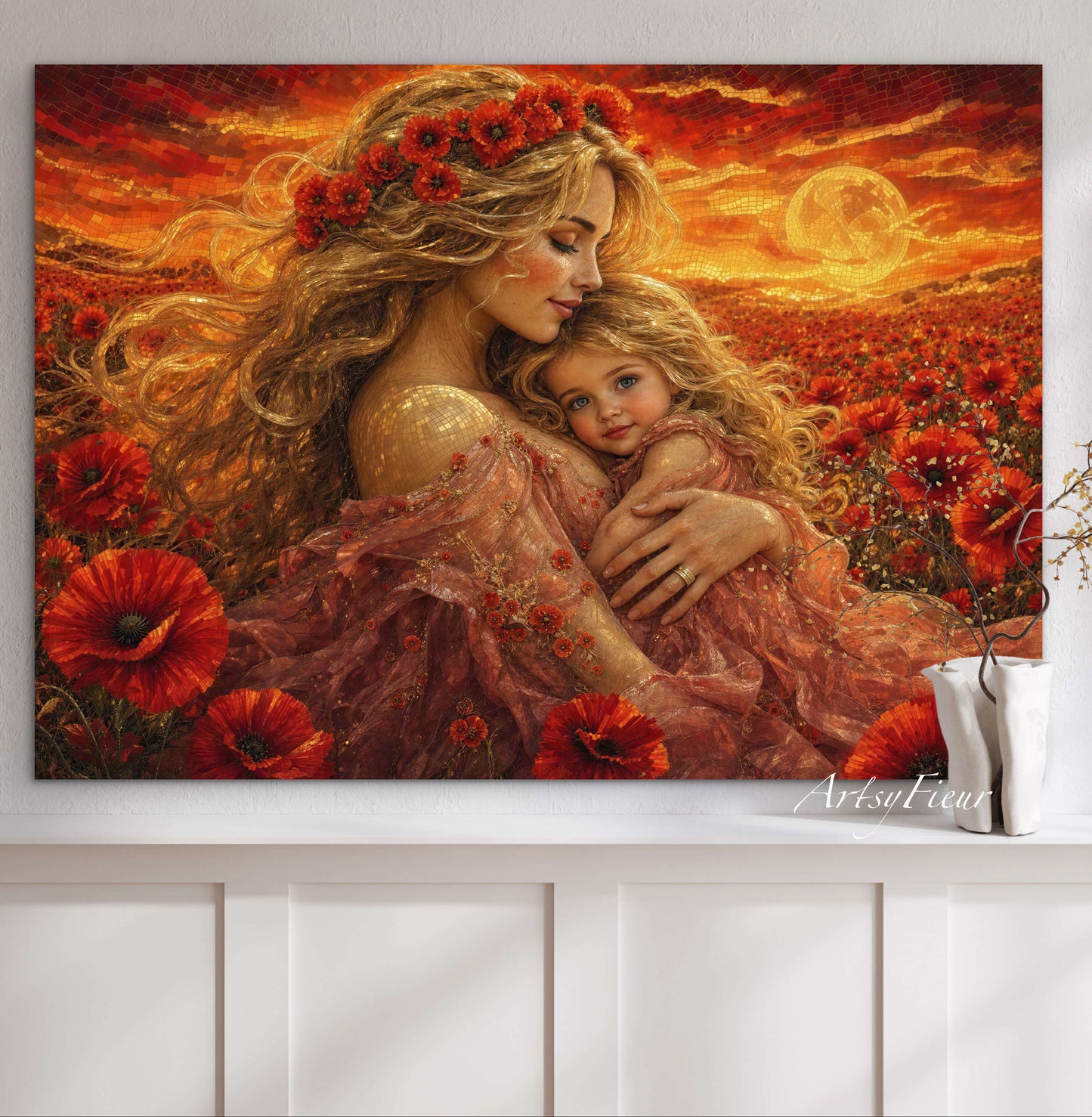 Framed Canvas- Vibrant Poppies Field Mother and Daughter Portrait Whimsical Full Moon Sunset Fantasy Oil Painting Wall Art Print