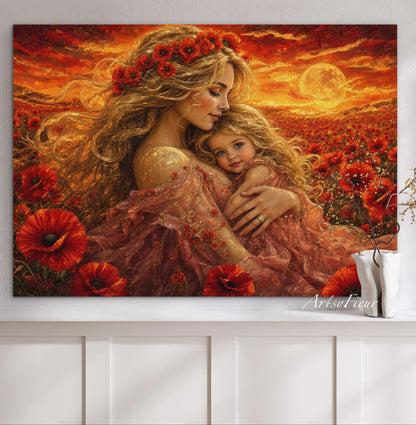 Framed Canvas- Vibrant Poppies Field Mother and Daughter Portrait Whimsical Full Moon Sunset Fantasy Oil Painting Wall Art Print