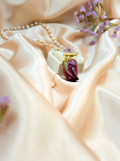 *REAL FLOWER Red Rose Necklace Preserved Flower in Resin Pink Freshwater Cultured Pearls Front Round Closure Hypoallergenic