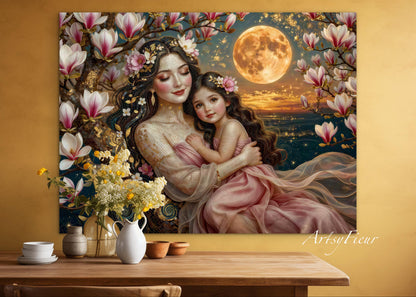 Framed Canvas- Vibrant Magnolia Flowers Mother and Daughter Portrait Original ArtworkFantasy Wall Art