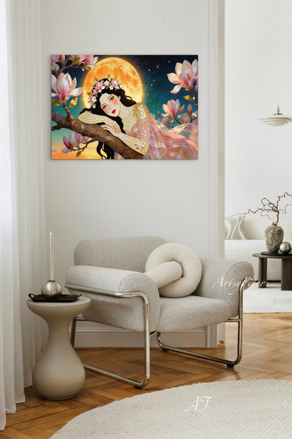 Framed Canvas- Vibrant Magnolia Flowers Beautiful Brunette Woman’s Abstract Portrait Mosaic Original Artwork Fantasy Wall Art Print