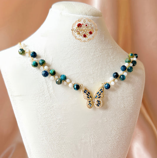 Blue Butterfly Necklace Handmade Braided Beaded | Natural Blue Tiger’s Eye Gemstone | Hypoallergenic| 18k Gold Plated