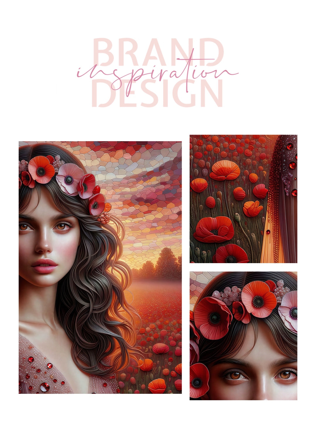 Framed canvas- Original Artwork Vibrant Poppies watercolour floral painting beautiful brunette woman ready to hang wall art print, abstract portrait