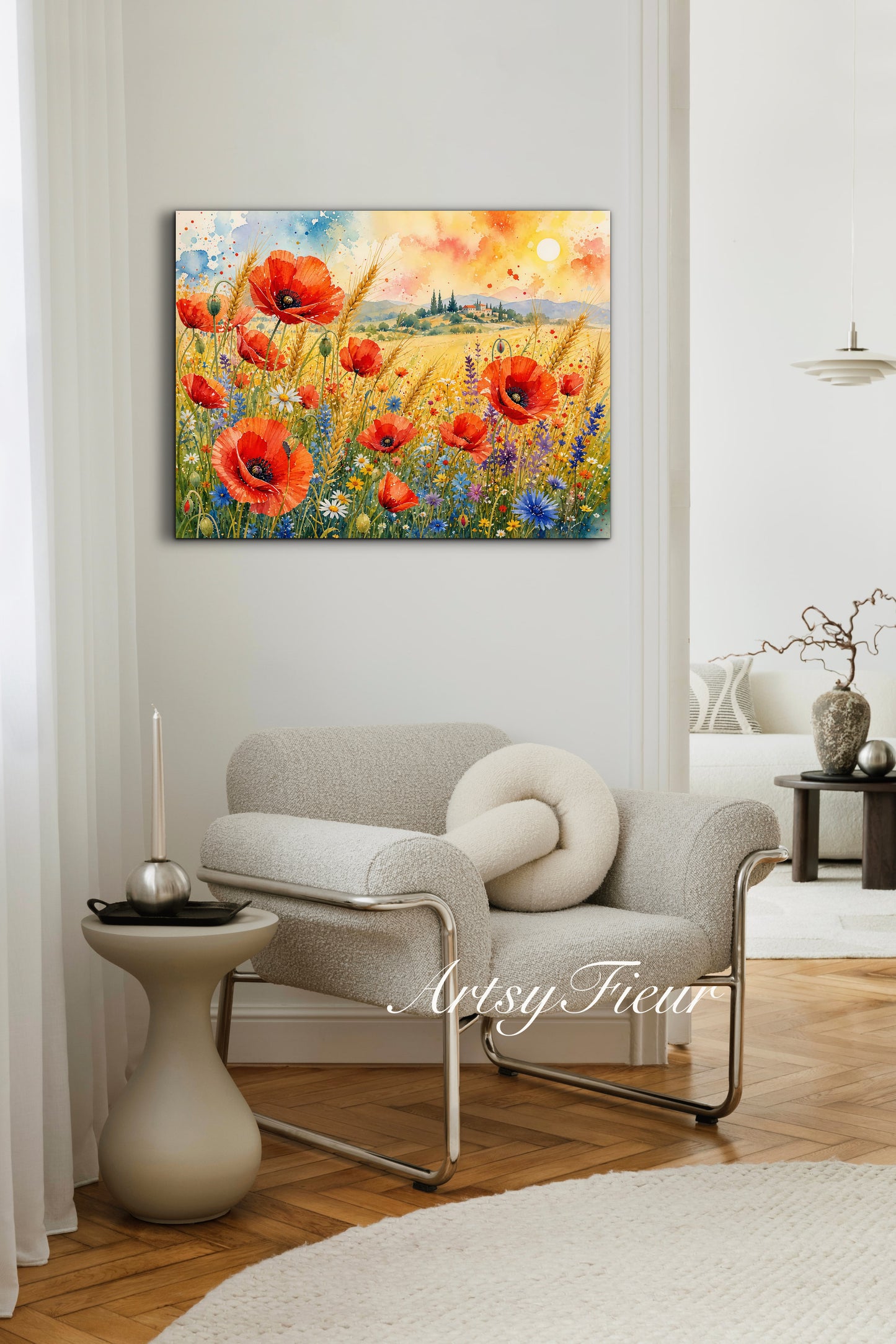 Framed Canvas Print- Vibrant Wildflowers and Poppies Oil Painting Textured Wall Art , Beautiful Original Artwork Ready to Hang Living Room, Floral