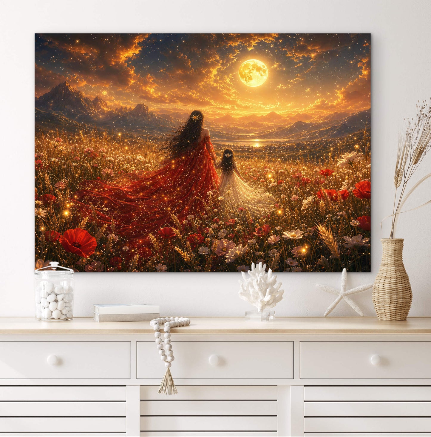 Framed Canvas- Vibrant Mother and Daughter Portrait Wildflowers Field Whimsical Landscape, Beautiful Gold Full Moon, Fantasy Floral Print