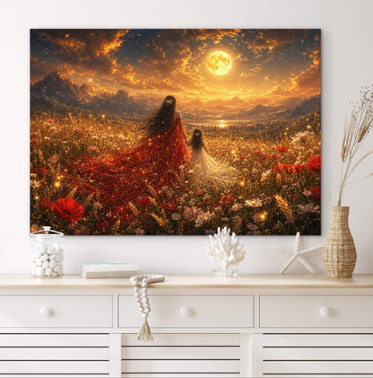 Framed Canvas- Vibrant Mother and Daughter Portrait Wildflowers Field Whimsical Landscape, Beautiful Gold Full Moon, Fantasy Floral Print