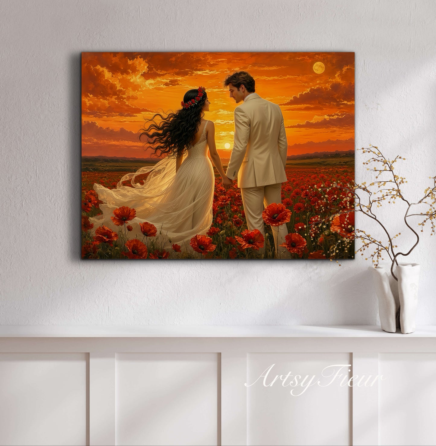 Framed canvas- whimsical full moon sunset bride and groom, wedding, poppy field, vibrant colours living room original artwork, fantasy oil painting wall art print