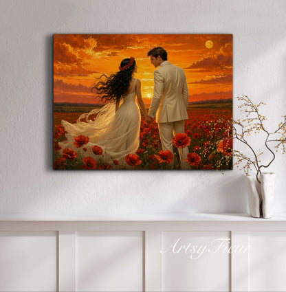 Framed canvas- whimsical full moon sunset bride and groom, wedding, poppy field, vibrant colours living room original artwork, fantasy oil painting wall art print