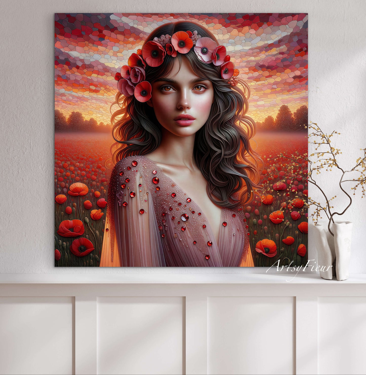 Framed canvas- Original Artwork Vibrant Poppies watercolour floral painting beautiful brunette woman ready to hang wall art print, abstract portrait