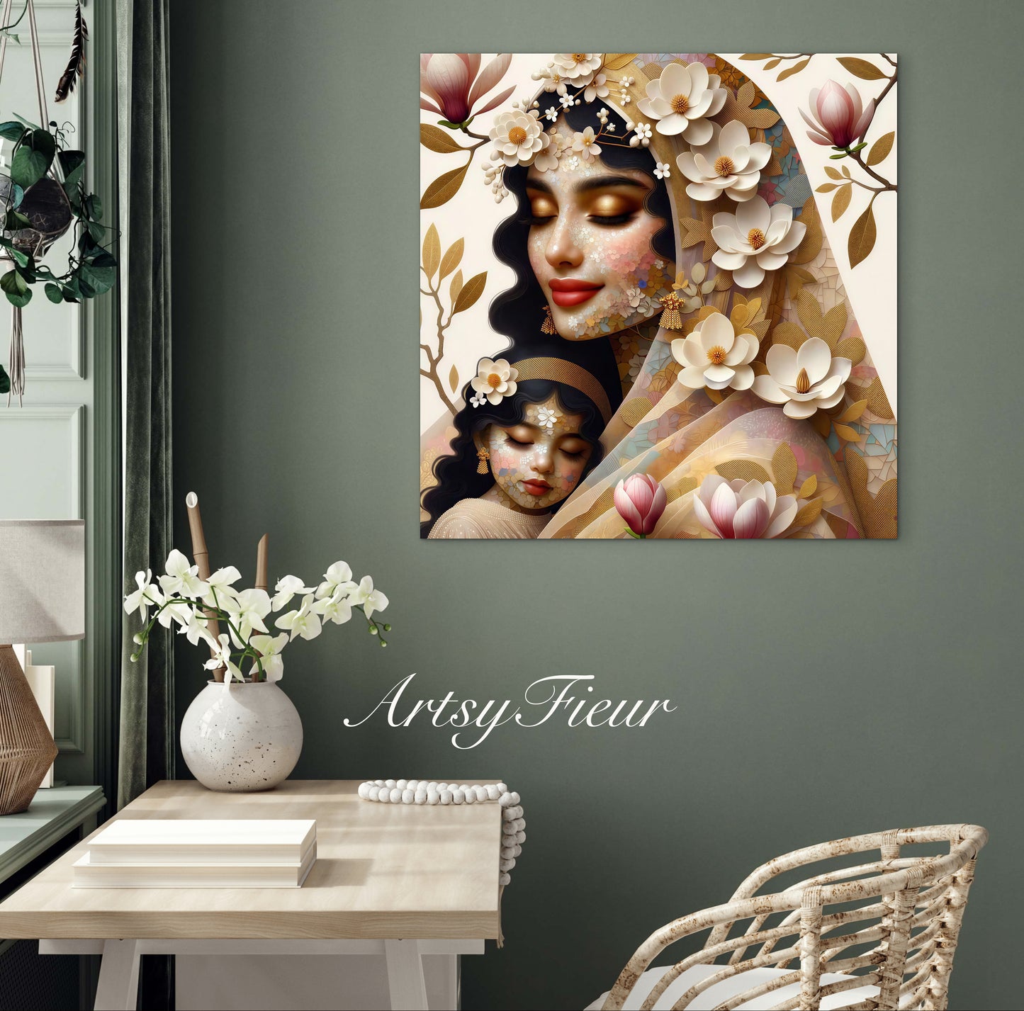 Framed canvas- ready to hang wall art print, abstract mother and daughter portrait Mosaic Magnolia Flowers Indian Beautiful Woman