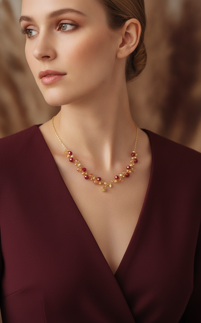 Mini Gold Rose Necklace Flower Pendant Handmade Braided Crystal Red Gold Beaded S925 Sterling Silver Hypoallergenic Floral Bohemian
