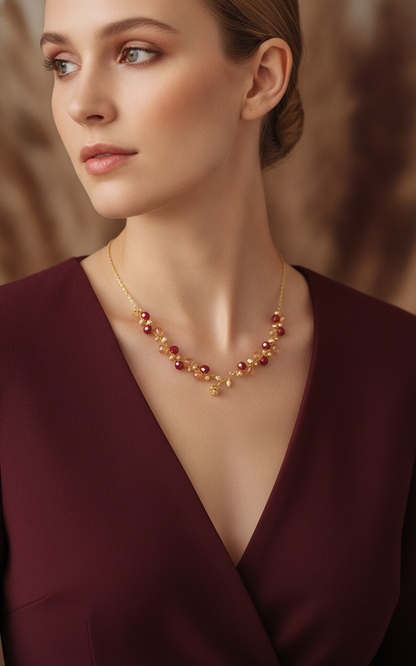 Mini Gold Rose Necklace Flower Pendant Handmade Braided Crystal Red Gold Beaded S925 Sterling Silver Hypoallergenic Floral Bohemian