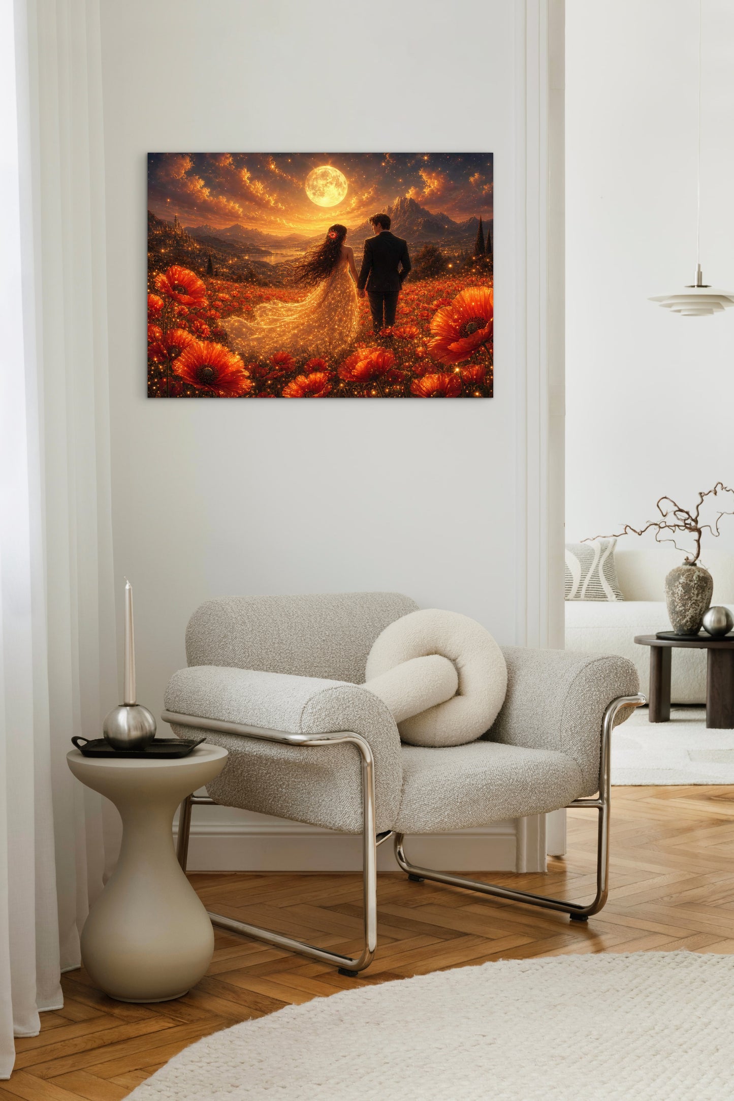 Framed canvas- whimsical full moon sunset bride and groom, wedding, poppy field, vibrant colours living room original artwork, fantasy oil painting wall art print