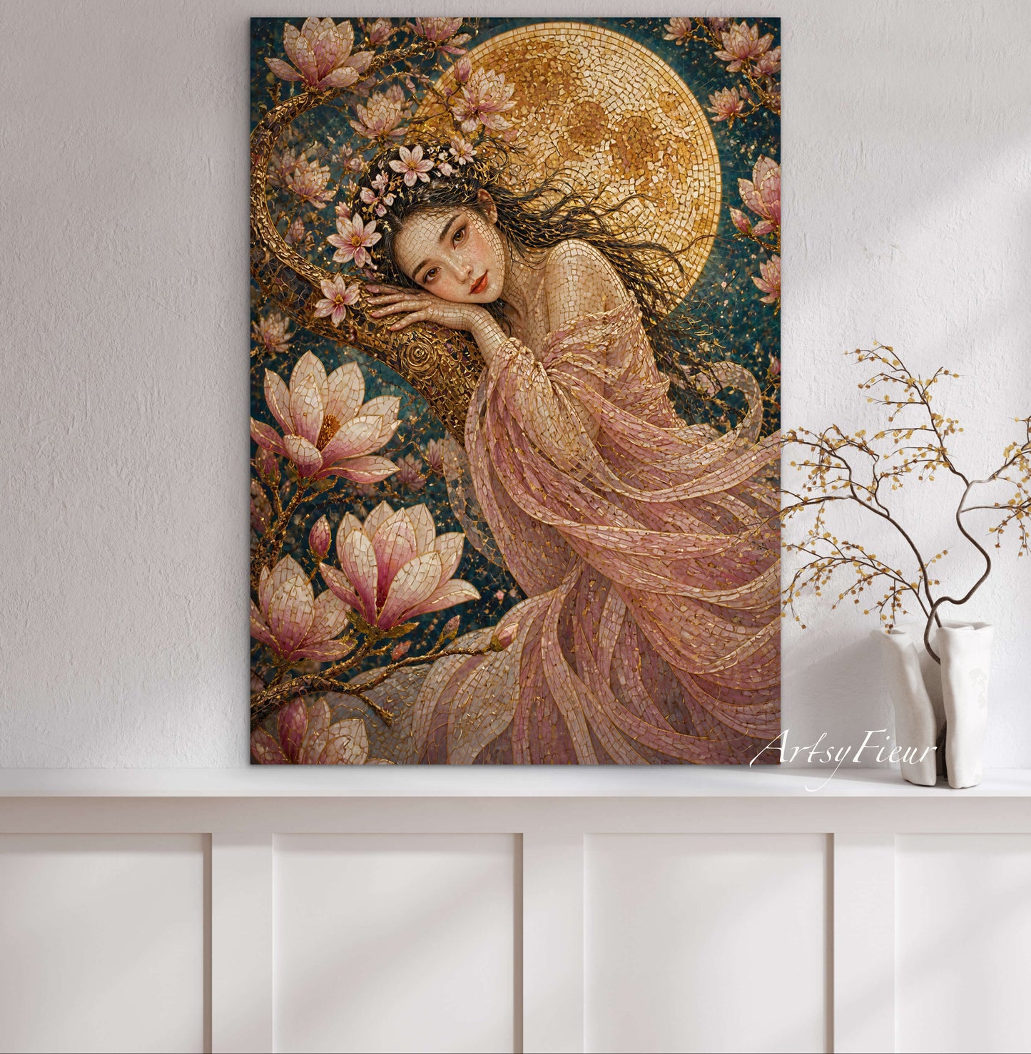 Framed canvas- Abstract Portrait Mosaic Fairy Beautiful Brunette Woman Vibrant Magnolia Flowers Fantasy Wall Art Print