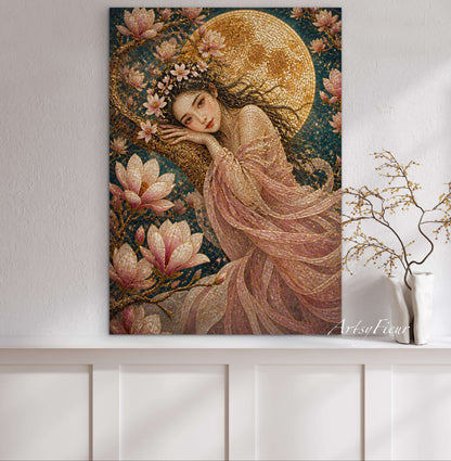 Framed canvas- Abstract Portrait Mosaic Fairy Beautiful Brunette Woman Vibrant Magnolia Flowers Fantasy Wall Art Print