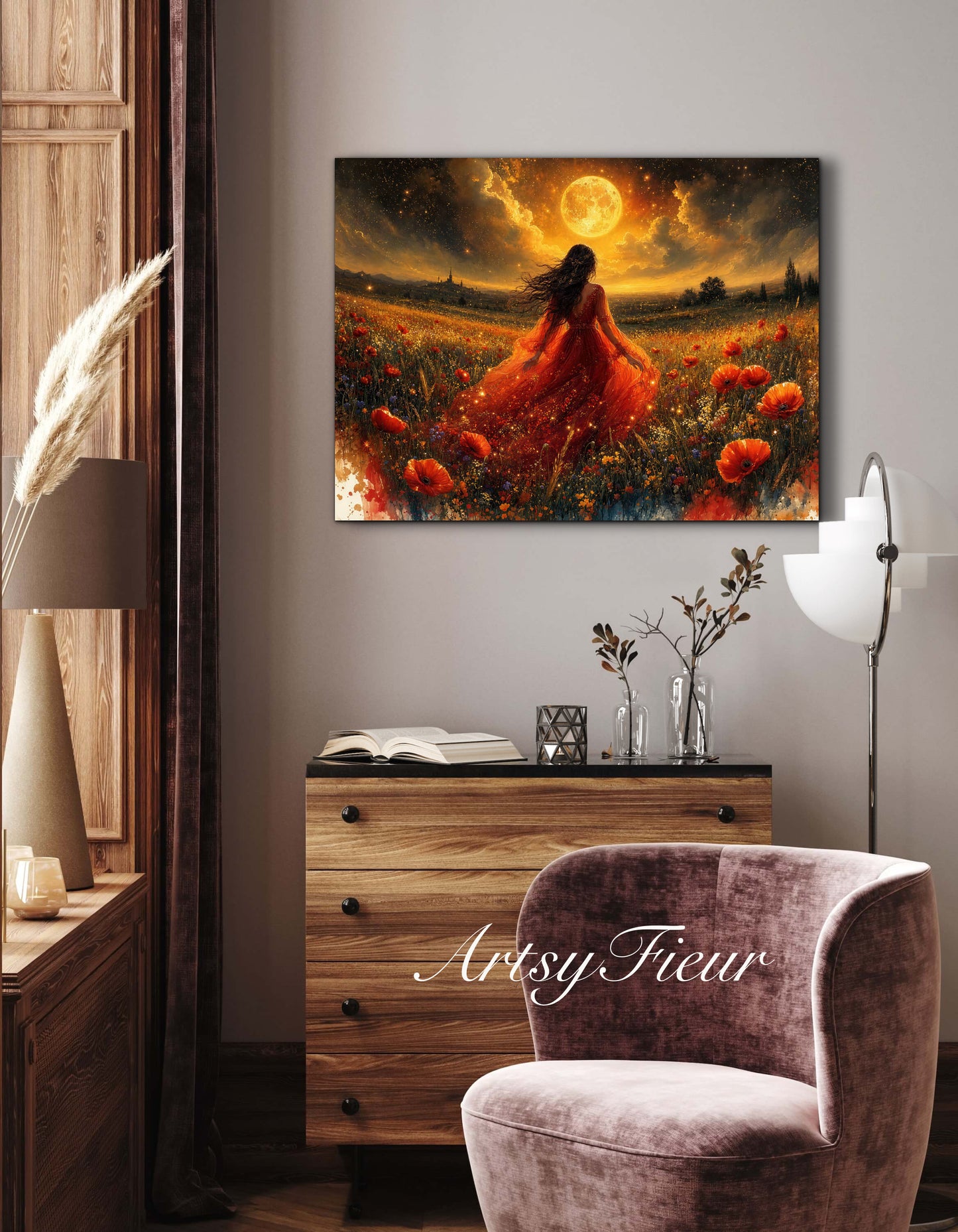 Framed Canvas - Vibrant poppies and wildflowers Whimsical Full Moon starry night sky Bride in Poppy Field, Wall Art Ready to hang original Artwork Print Red Dress