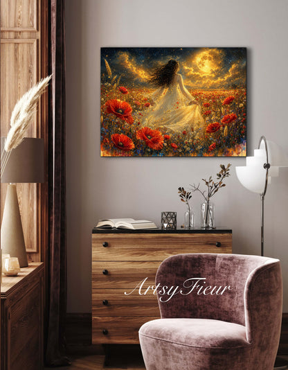 Framed Canvas - Vibrant poppies and wildflowers Whimsical Full Moon starry night sky Bride in Poppy Field, Wall Art Ready to hang original Artwork Print