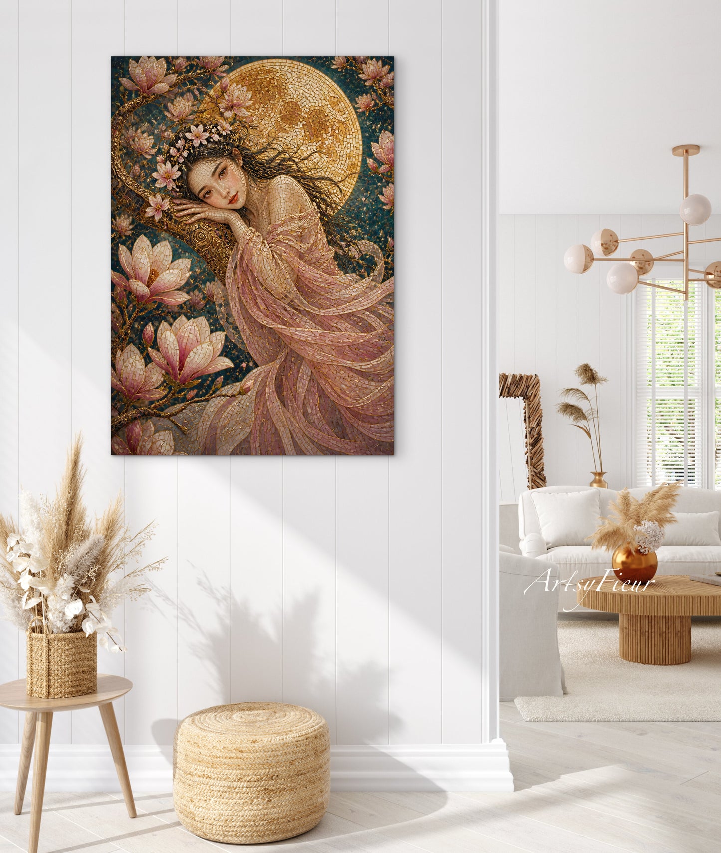 Framed canvas- Abstract Portrait Mosaic Fairy Beautiful Brunette Woman Vibrant Magnolia Flowers Fantasy Wall Art Print
