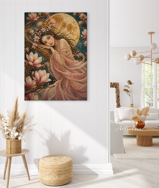Framed canvas- Abstract Portrait Mosaic Fairy Beautiful Brunette Woman Vibrant Magnolia Flowers Fantasy Wall Art Print