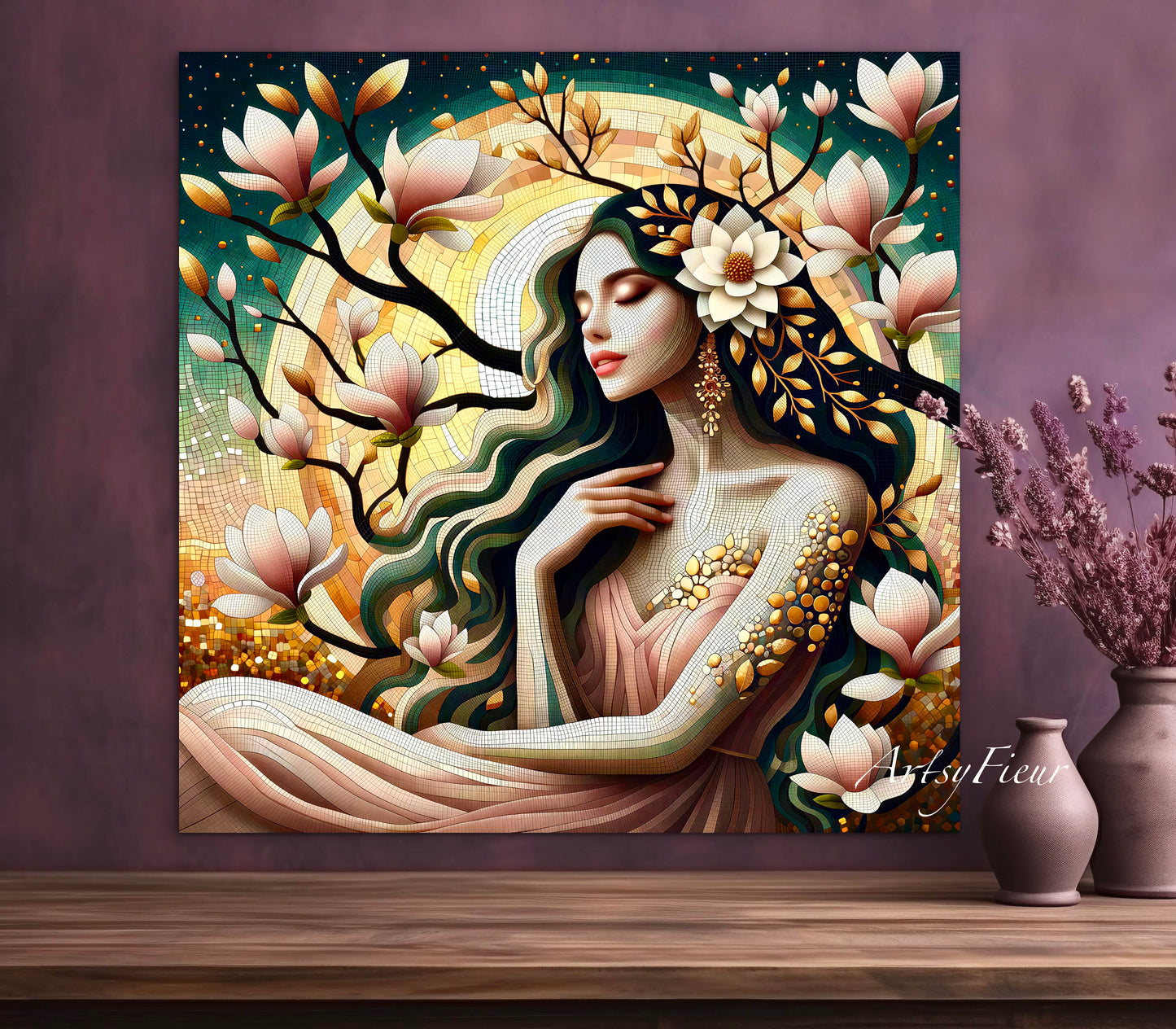 Framed canvas- Original Artwork Vibrant Magnolia Flowers Mosaic Portrait Beautiful Brunette Woman Wall Art Print