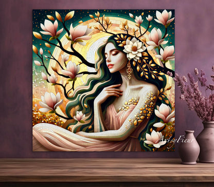 Framed canvas- Original Artwork Vibrant Magnolia Flowers Mosaic Portrait Beautiful Brunette Woman Wall Art Print