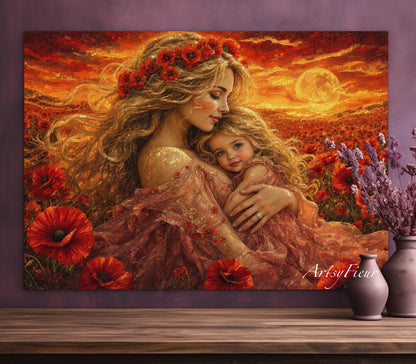 Framed Canvas- Vibrant Poppies Field Mother and Daughter Portrait Whimsical Full Moon Sunset Fantasy Oil Painting Wall Art Print