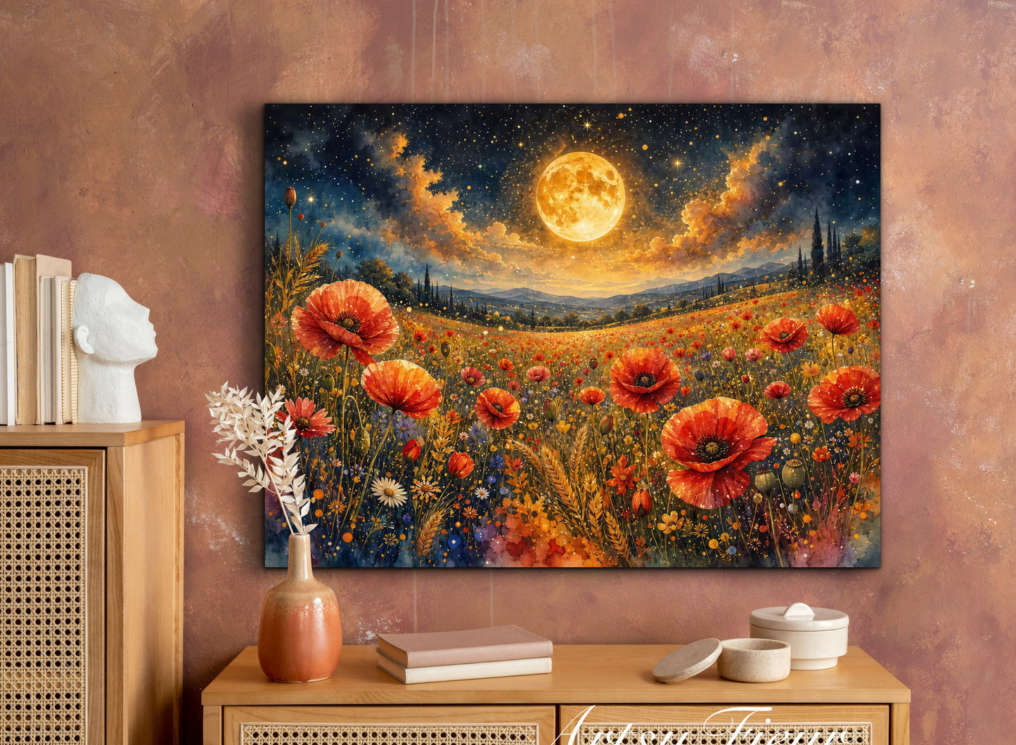Framed Canvas Print- Vibrant Wildflowers and Poppies Oil Painting Textured Wall Art , Beautiful Original Artwork Ready to Hang Living Room, Floral