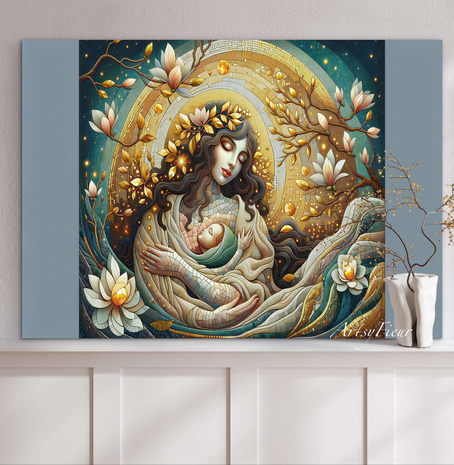 Framed Canvas- Vibrant Magnolia Flowers Mother and Daughter Portrait Original ArtworkFantasy Wall Art