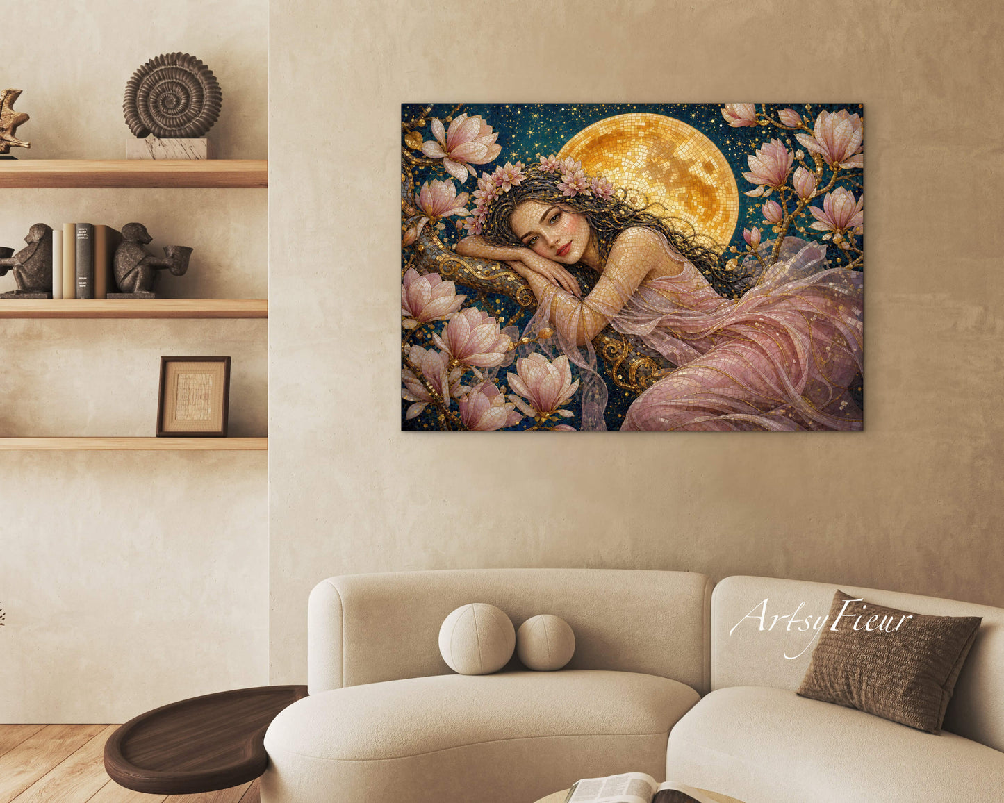 Framed Canvas- Vibrant Magnolia Flowers Beautiful Brunette Woman’s Abstract Portrait Mosaic Original Artwork Fantasy Wall Art Print