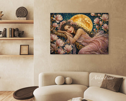 Framed Canvas- Vibrant Magnolia Flowers Beautiful Brunette Woman’s Abstract Portrait Mosaic Original Artwork Fantasy Wall Art Print