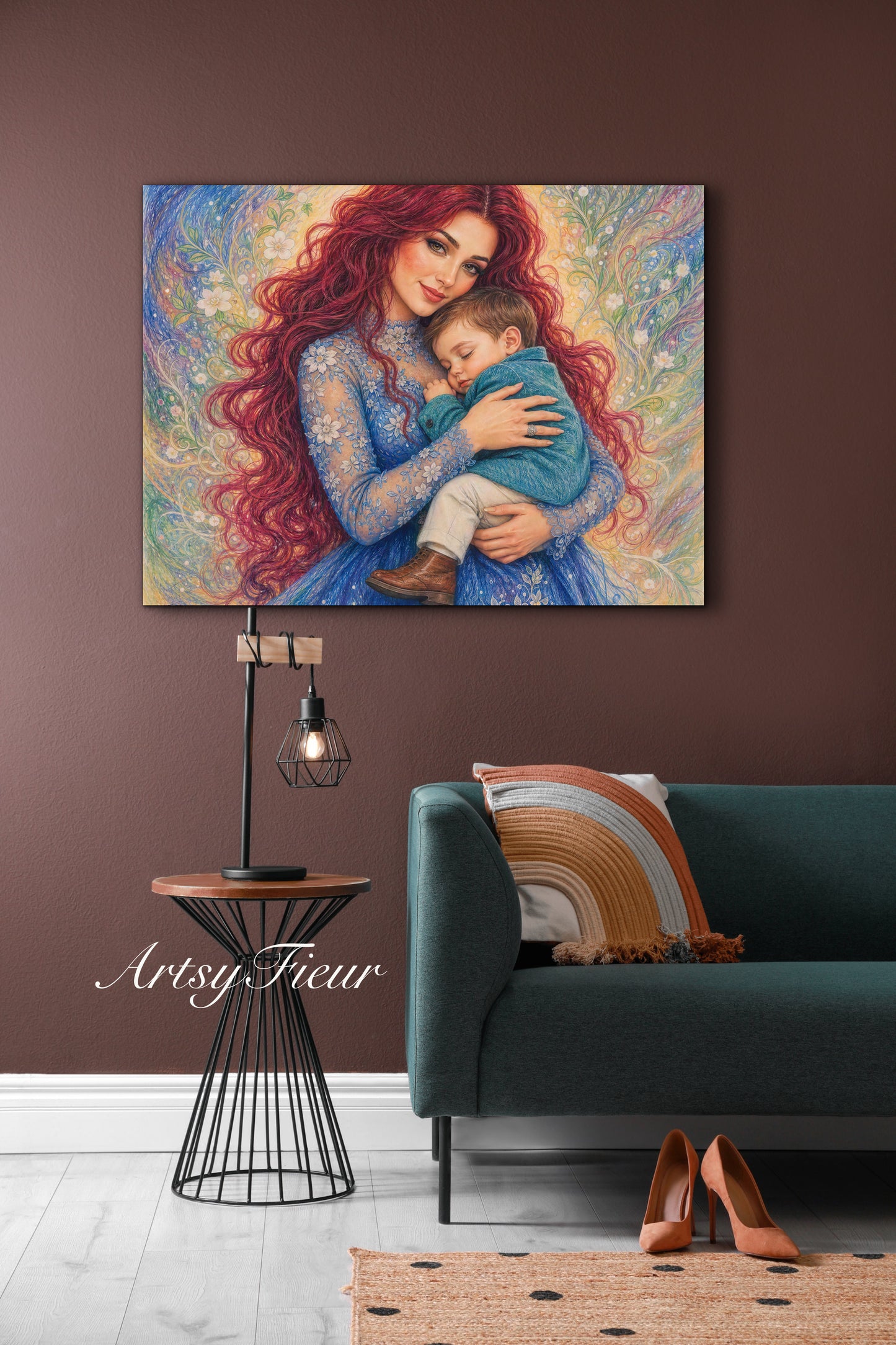Framed canvas- ready to hang wall art print, vibrant colours crayon drawing abstract portrait mother and son, mother and baby boy, dark hair beautiful red hair woman , mothers day gilt, unique original artwork