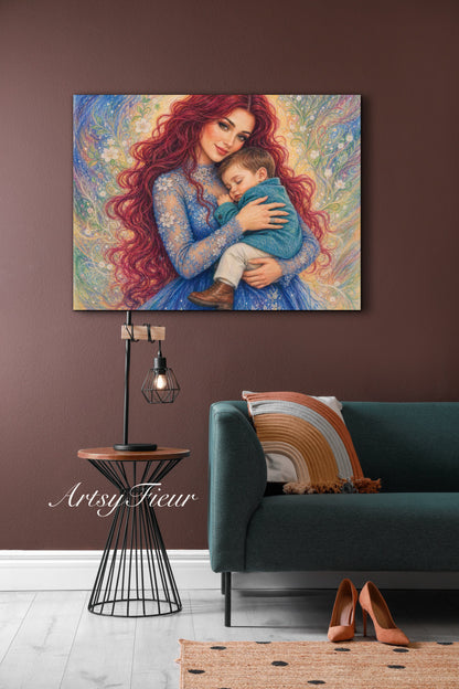 Framed canvas- ready to hang wall art print, vibrant colours crayon drawing abstract portrait mother and son, mother and baby boy, dark hair beautiful red hair woman , mothers day gilt, unique original artwork