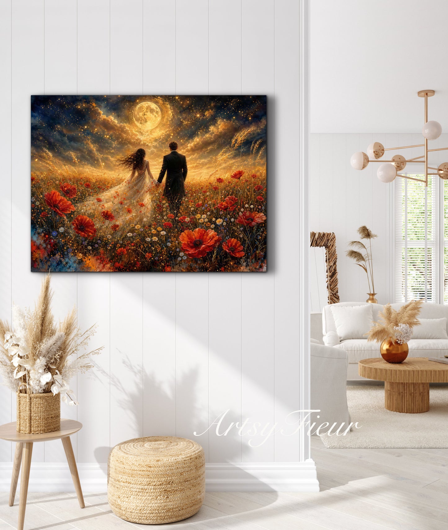 Framed canvas- whimsical full moon sunset -bride and groom, wedding gift, fantasy oil painting bedroom wall art print floral poppies field colourful vibrant colours