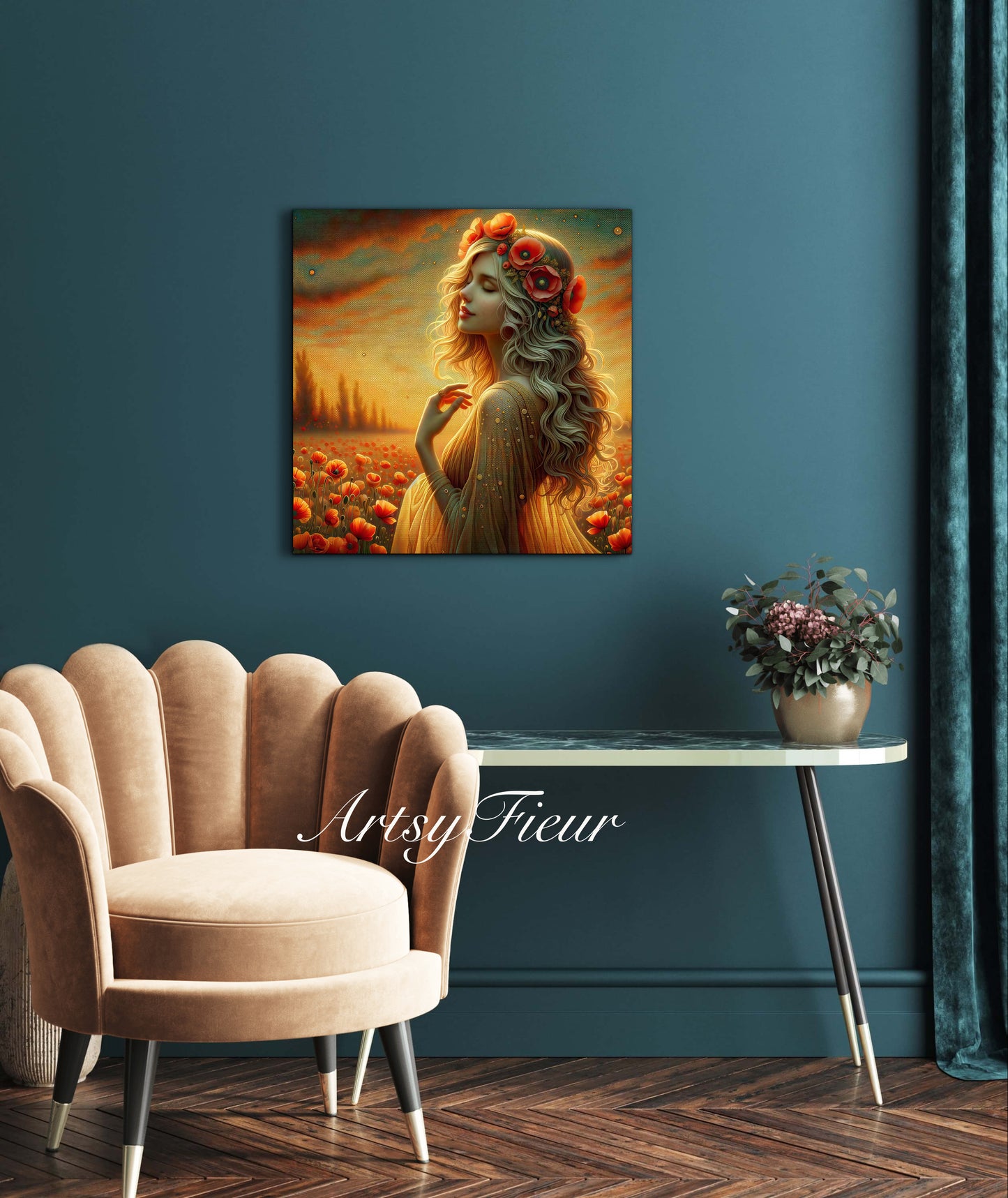 Framed canvas- Original Artwork Vibrant Poppies watercolour floral painting beautiful blondewoman ready to hang wall art print, abstract portrait colourful painting for living room