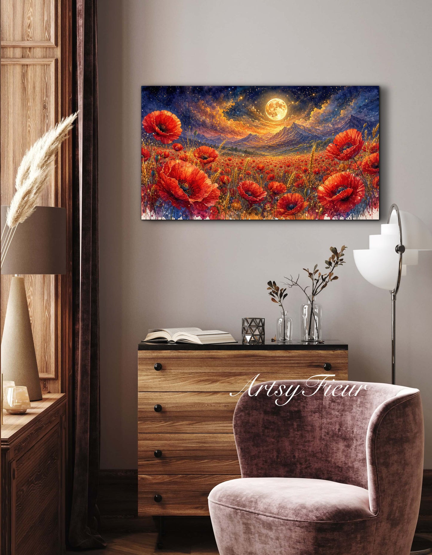 ArtsyFieur Framed Canvas - vibrant poppies whimsical lights full moon living room colourful wall art