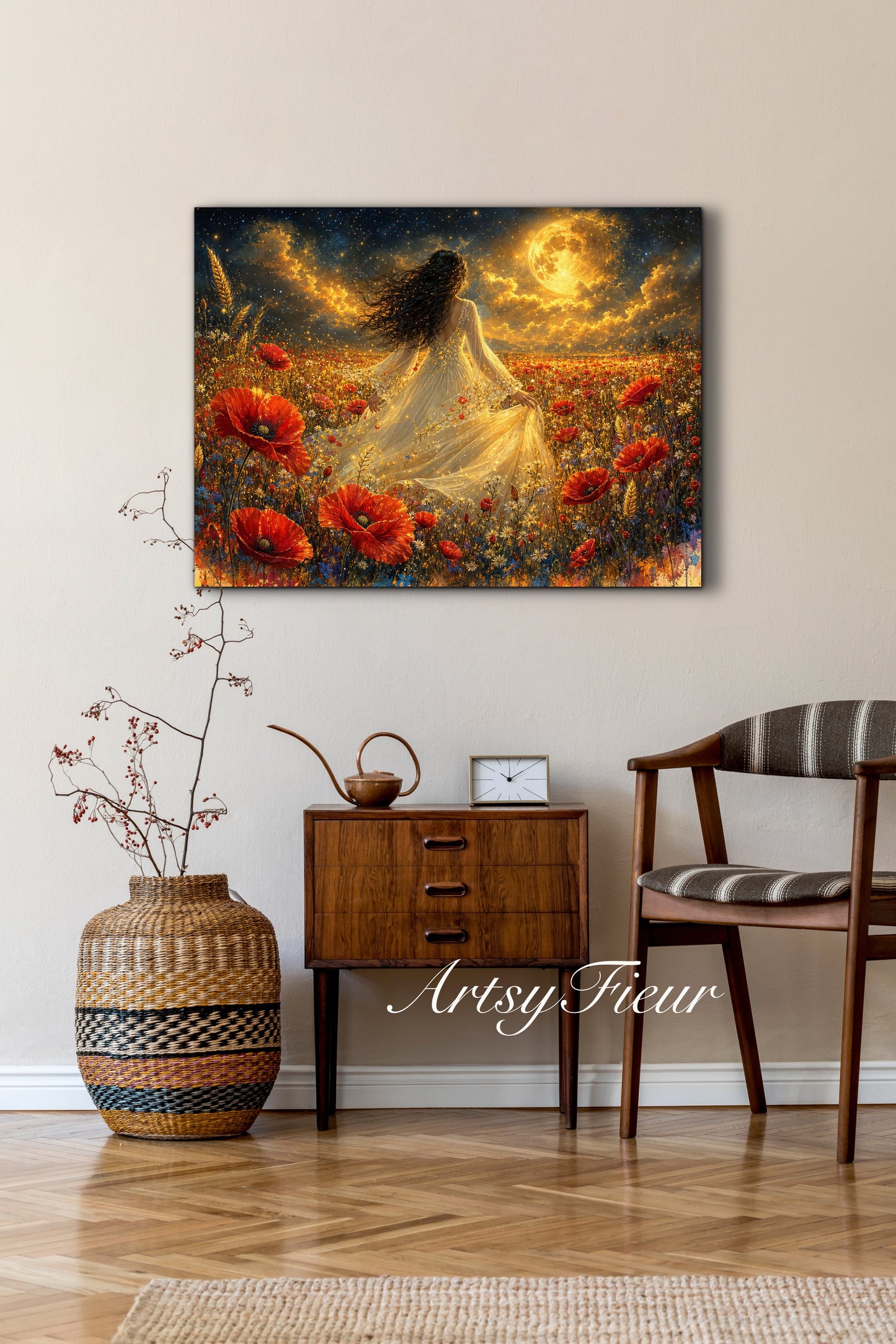 Framed Canvas - Vibrant poppies and wildflowers Whimsical Full Moon starry night sky Bride in Poppy Field, Wall Art Ready to hang original Artwork Print