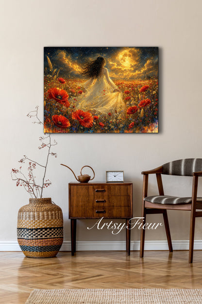 Framed Canvas - Vibrant poppies and wildflowers Whimsical Full Moon starry night sky Bride in Poppy Field, Wall Art Ready to hang original Artwork Print