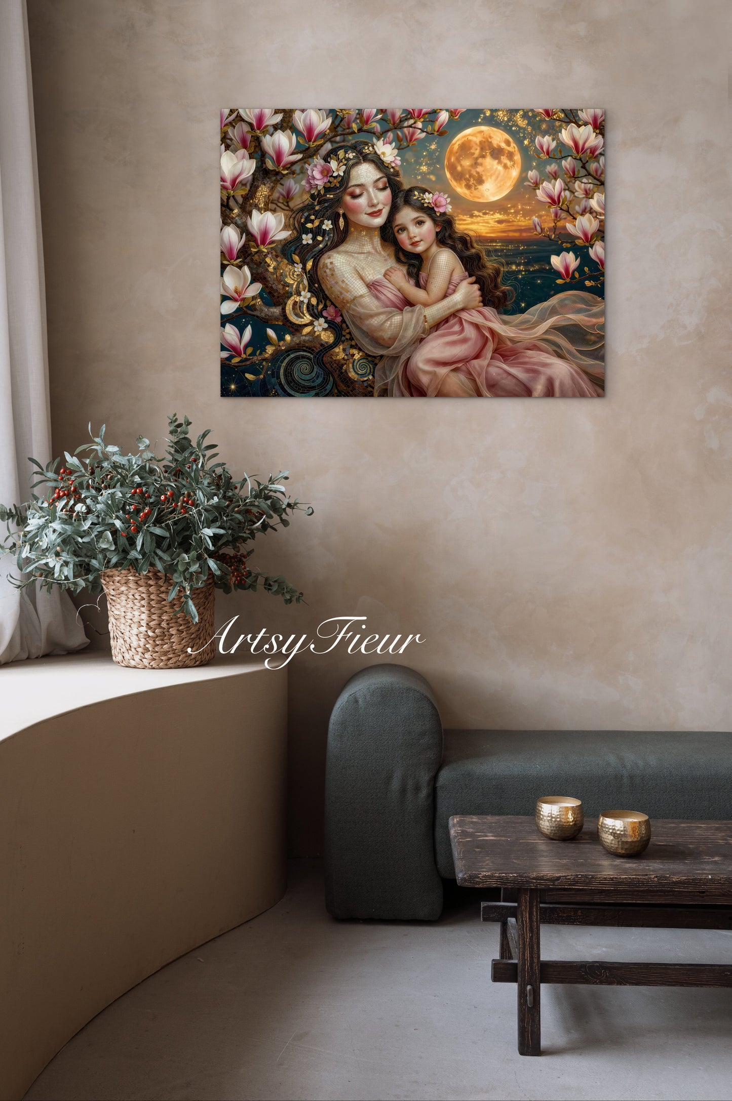 Framed Canvas- Vibrant Magnolia Flowers Mother and Daughter Portrait Original ArtworkFantasy Wall Art