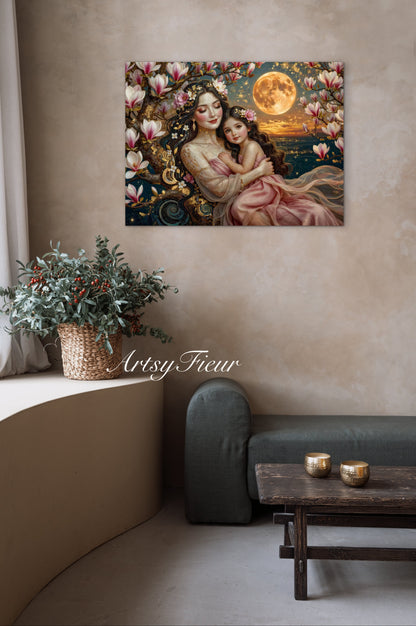Framed Canvas- Vibrant Magnolia Flowers Mother and Daughter Portrait Original ArtworkFantasy Wall Art