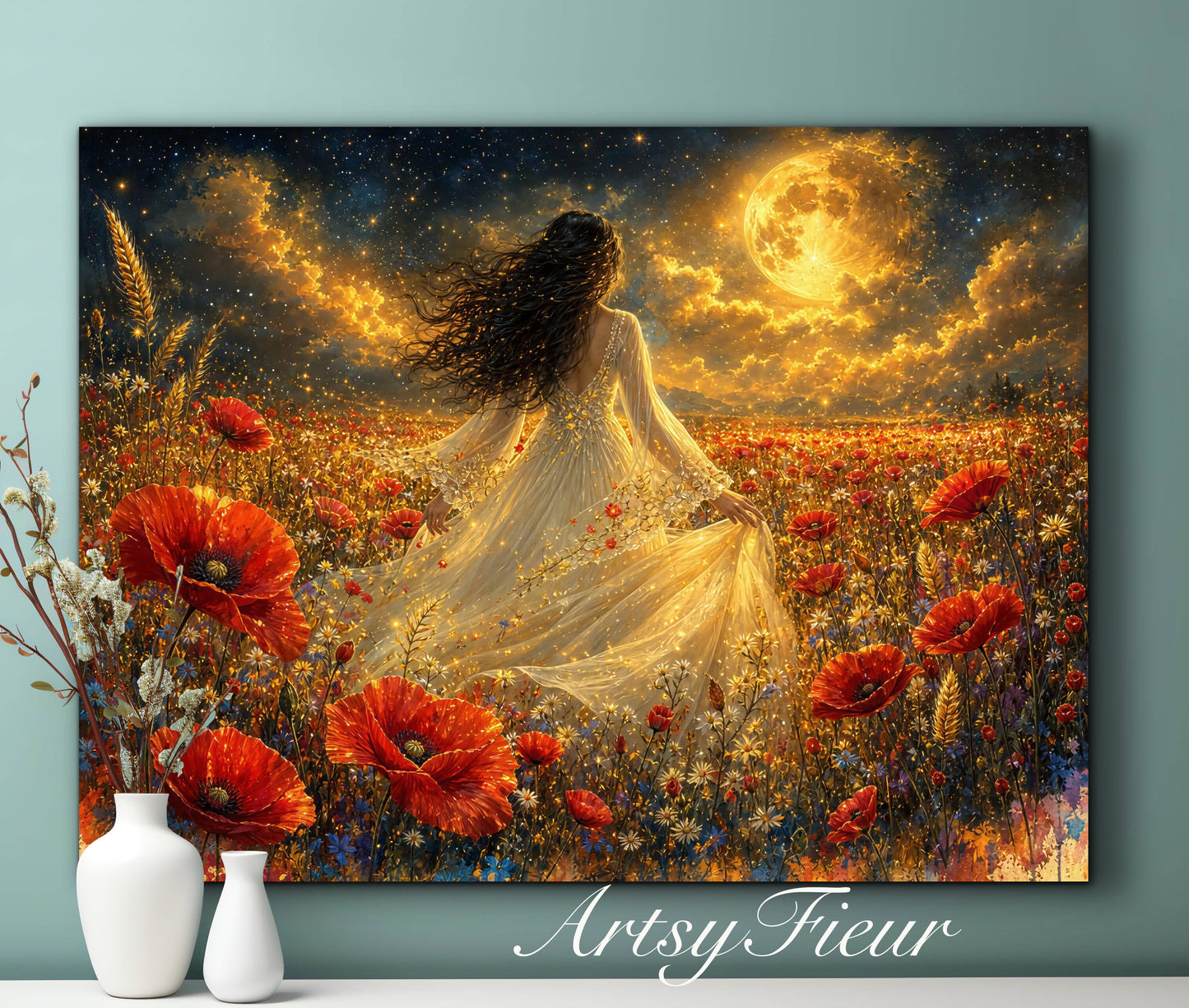Framed Canvas - Vibrant poppies and wildflowers Whimsical Full Moon starry night sky Bride in Poppy Field, Wall Art Ready to hang original Artwork Print