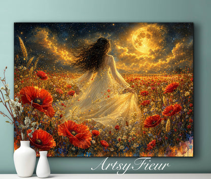 Framed Canvas - Vibrant poppies and wildflowers Whimsical Full Moon starry night sky Bride in Poppy Field, Wall Art Ready to hang original Artwork Print