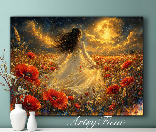 Framed Canvas - Vibrant poppies and wildflowers Whimsical Full Moon starry night sky Bride in Poppy Field, Wall Art Ready to hang original Artwork Print